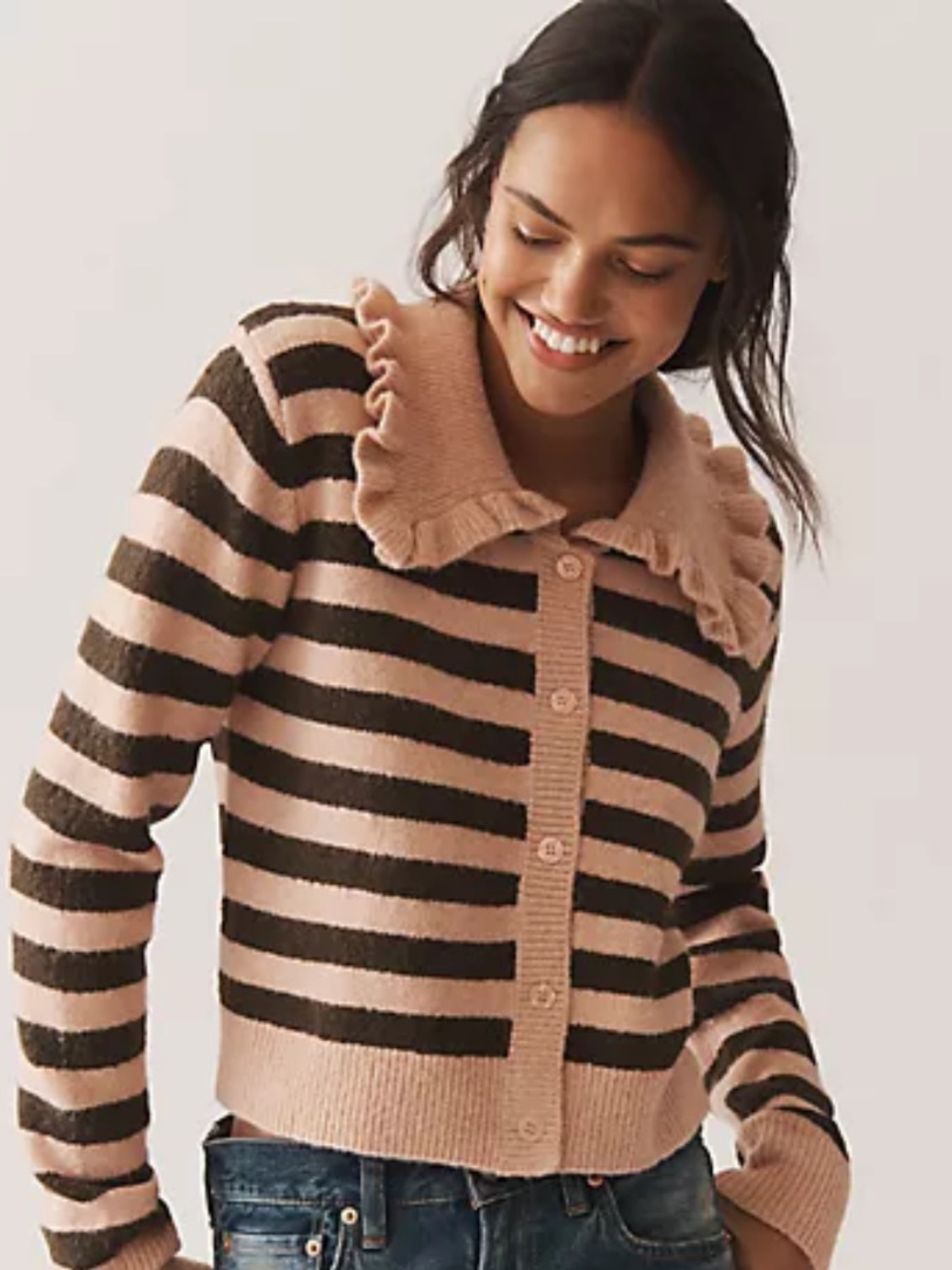 Maeve The Aisley Striped Ruffle Collar Cardigan